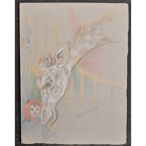 80 - Athene Andrade (1908- 1973) British. Study of a Giraffe and a Young Girl, Chalk, Signed, unframed 15... 