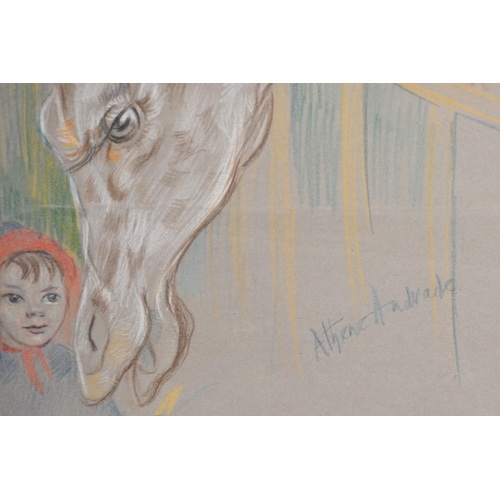 80 - Athene Andrade (1908- 1973) British. Study of a Giraffe and a Young Girl, Chalk, Signed, unframed 15... 