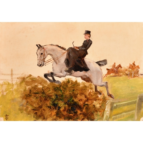 86 - Thomas Blinks (1860-1912) British. A Lady Riding Side Saddle Taking a Fence, Oil on paper, Signed wi... 