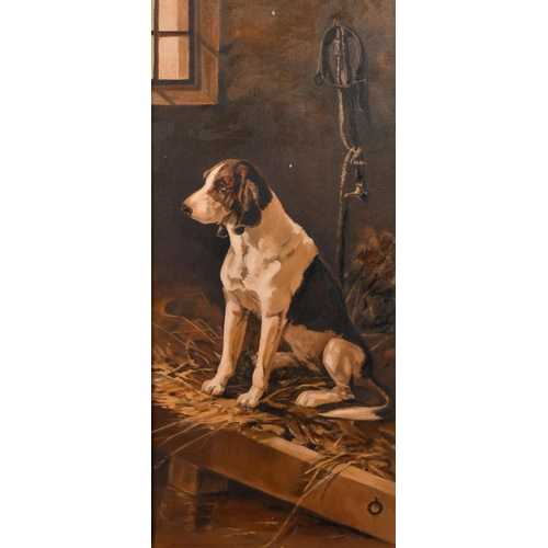 95 - After John Emms (1844-1912) British. A Fox Hound in a Stable, Oil on artist's board, 26