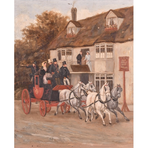 107 - Late 19th Century English School. A Pair of Coaching Scenes, Oil on board, with hunting scenes verso... 