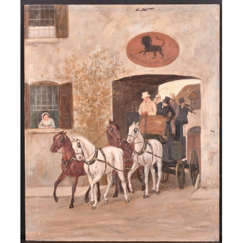 107 - Late 19th Century English School. A Pair of Coaching Scenes, Oil on board, with hunting scenes verso... 