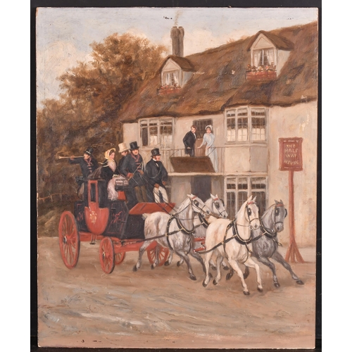 107 - Late 19th Century English School. A Pair of Coaching Scenes, Oil on board, with hunting scenes verso... 