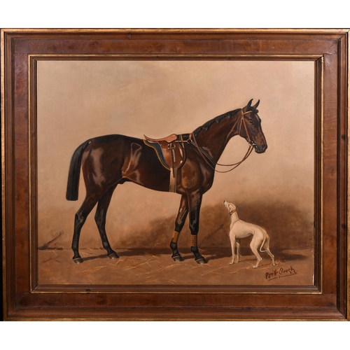 111 - Wilf Creash (Early 20th Century) British. A Saddled Bay Hunter with a Dog in a Stable, Oil on canvas... 