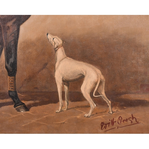 111 - Wilf Creash (Early 20th Century) British. A Saddled Bay Hunter with a Dog in a Stable, Oil on canvas... 