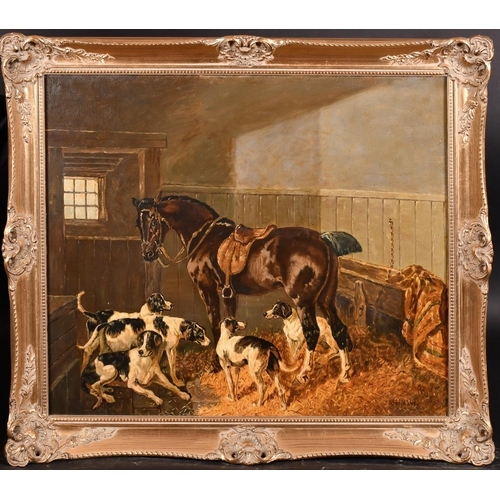 112 - Alfred H Wise (20th Century) British. Horse and Hounds in a Stable, Oil on canvas, Signed, 20