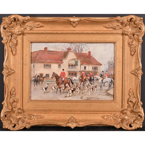 114 - John Sanderson Wells (1872-1955) British. The Hunt Outside an Inn, Oil on artist's board, Signed, 7