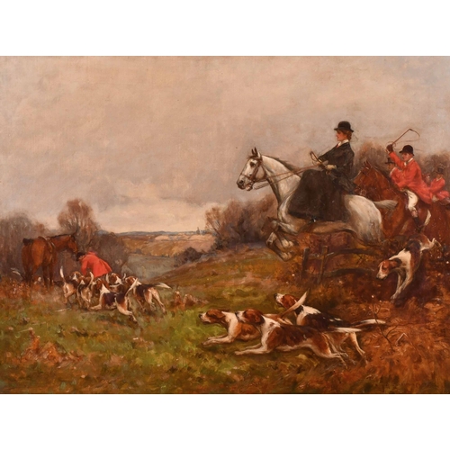 115 - John Sanderson Wells (1872-1955) British. A Hunting Scene in Full Cry, Oil on canvas, Signed, 18