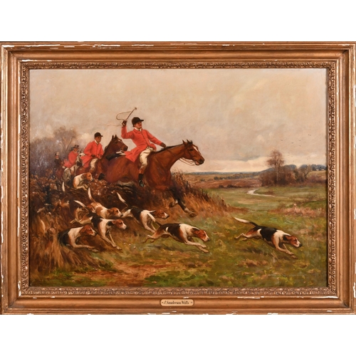 115 - John Sanderson Wells (1872-1955) British. A Hunting Scene in Full Cry, Oil on canvas, Signed, 18