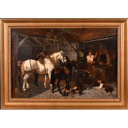 118 - John Frederick Herring Jnr (1820-1907) British. A Blacksmith's Forge with Horses, Chickens and a Dog... 