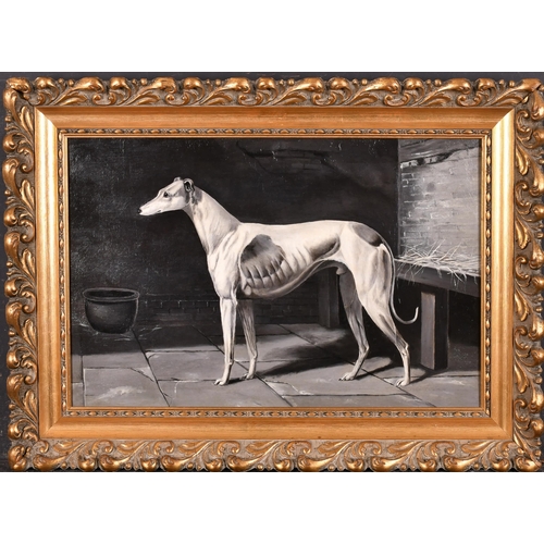 121 - Early 20th Century English School. A Greyhound in a Stable, En grisaille on canvas, 12