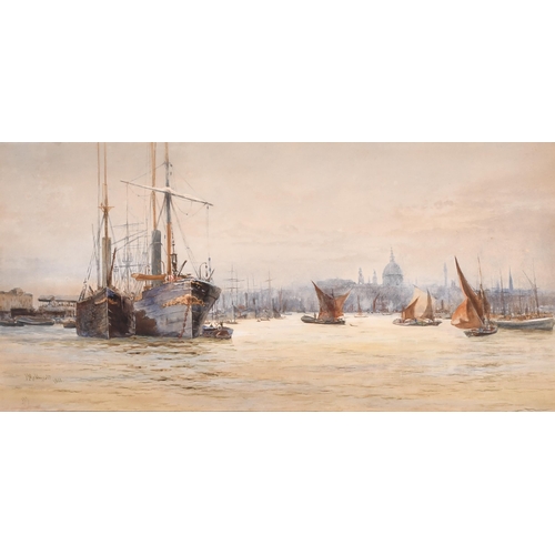 126 - Hubert James Medlycott (1841-1920) British. 'Shipping On The Thames At Dusk', Watercolour, Signed an... 