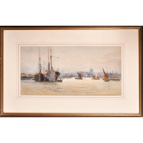 126 - Hubert James Medlycott (1841-1920) British. 'Shipping On The Thames At Dusk', Watercolour, Signed an... 