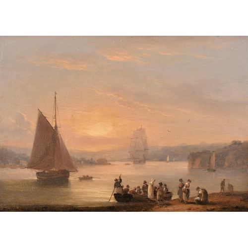 132 - Thomas Luny (1759-1837) British. 'Figures on the Shore, Teignmouth, Devon', Oil on panel, Signed, an... 