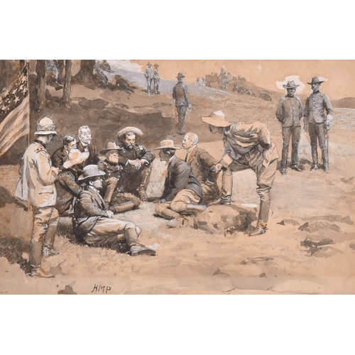 168 - Henry Marriott Paget (1857-1936) British. An American Encampment, Watercolour and ink, Signed with i... 