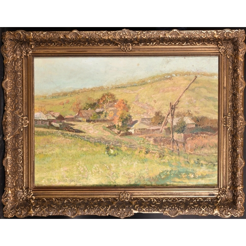 202 - 20th Century European School. Figures in a Meadow by a Farmstead, Oil on board, Indistinctly signed ... 