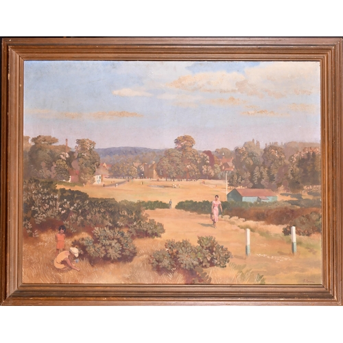 208 - John Frye Bourne (1912-1991) British. Harpenden Common Golf Club with Figures in the foreground, Oil... 