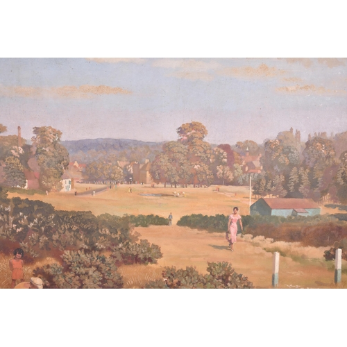 208 - John Frye Bourne (1912-1991) British. Harpenden Common Golf Club with Figures in the foreground, Oil... 