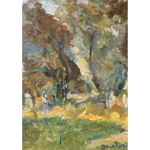 216 - Ronald Ossory Dunlop (1894-1973) British. A Figure in a Wooded Landscape, Oil on artist's board, Sig... 