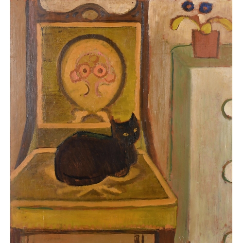 221 - 20th Century English School. A Black Cat, Oil on board, unframed 24