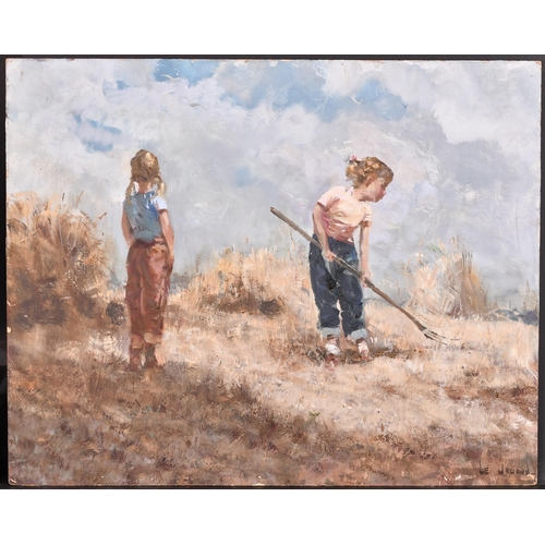 224 - James Le Jeune (1910-1983) Irish/Canadian. Young Girls Harvesting, Oil on board, Signed, unframed 16... 