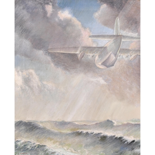 232 - Godfrey Penington Kingdon (1896-1974) British. A Short Sunderland Over Choppy Waters, Oil on canvas,... 