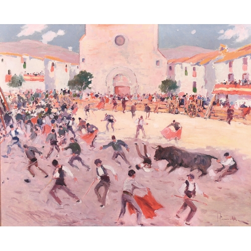 236 - Joaquin Terruella Matilla (1891-1957) Spanish. Running of the Bulls in an Arena, Oil on canvas, Sign... 