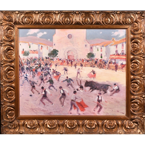 236 - Joaquin Terruella Matilla (1891-1957) Spanish. Running of the Bulls in an Arena, Oil on canvas, Sign... 