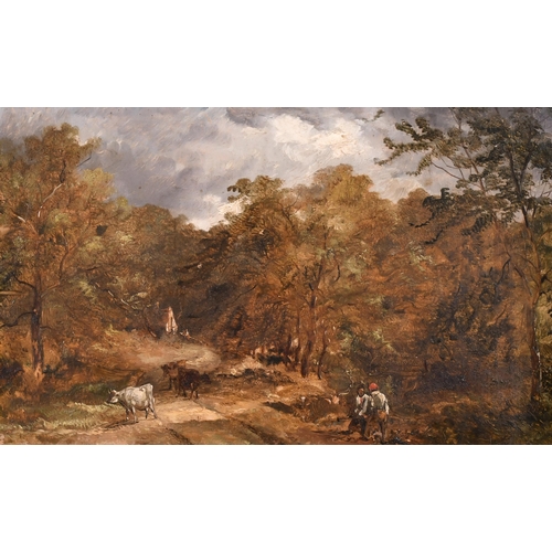 24 - Circle of John Constable (1776-1837) British. Figures and Cattle in a Wooded Landscape, Oil on panel... 