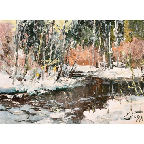 242 - Edgar Vinters (1919-2014) British. 'Hazels by a Winter Stream', Oil on board, Signed with initials a... 