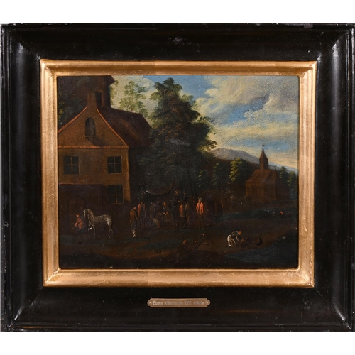 26 - 17th Century Dutch School. Figures Outside a Tavern, Oil on copper, 9.25