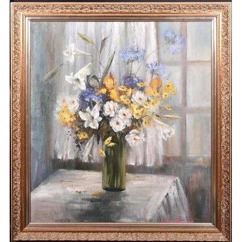 265 - Pearl Pols (20th Century) South African. Still Life of Flowers in a Glass Vase, Oil on artist's boar... 