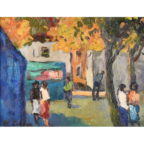 280 - 20th Century Spanish School. Figures in Village Square, Oil on board, Indistinctly signed, 8.5