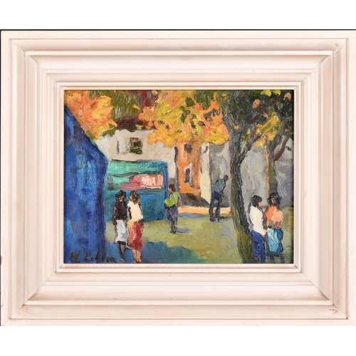 280 - 20th Century Spanish School. Figures in Village Square, Oil on board, Indistinctly signed, 8.5