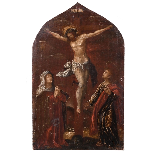 32 - 18th Century European School. Christ On The Cross, Oil on panel, Shaped, unframed 20.25