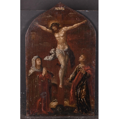 32 - 18th Century European School. Christ On The Cross, Oil on panel, Shaped, unframed 20.25