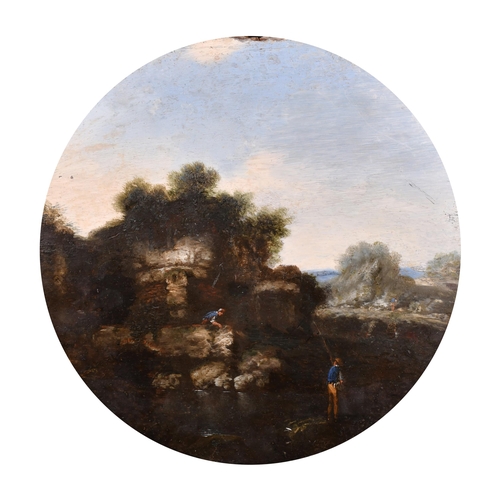 34 - Circle of Gottfried Wals (1595-1638) German. Figures in a River Landscape, Oil on panel, Circular, u... 