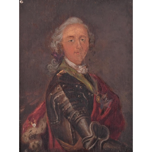 40 - 19th Century English School. Bust Portrait of a Man in Armour, Oil on panel, 4.75