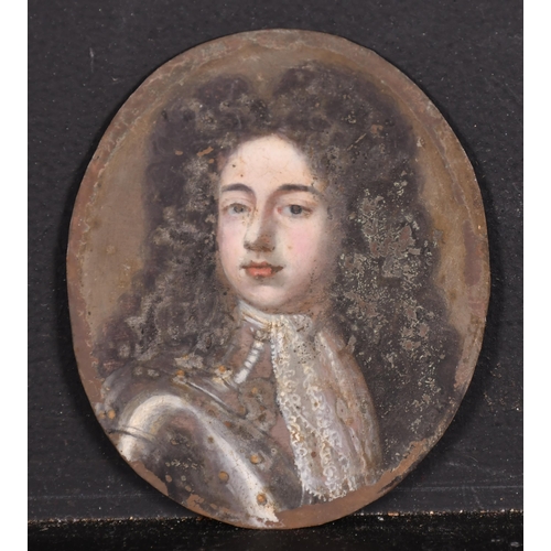 42 - 17th Century English School. Bust Portrait of a Wigged Gentleman in Armour, Oil on copper, Oval 3.25... 