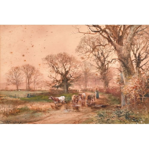 48 - Henry Charles Fox (1855-1929) British. Drover and Cattle on a Country Lane, Watercolour, Signed and ... 