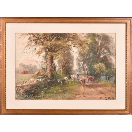 48 - Henry Charles Fox (1855-1929) British. Drover and Cattle on a Country Lane, Watercolour, Signed and ... 