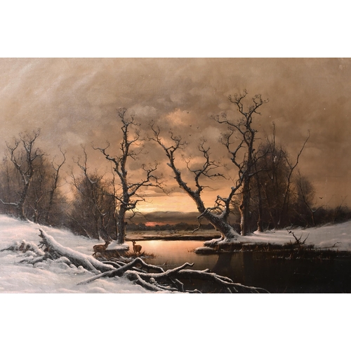 69 - Nils Hans Christiansen (1850-1922) Danish. Deer in an Evening Winter Landscape, Oil on canvas, Signe... 