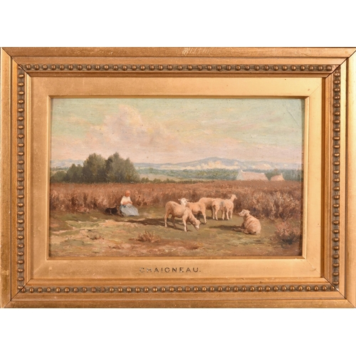 70 - Jean Ferdinand Chaigneau (1830-1906) French. Shepherdess and Flock, Oil on board, Inscribed on the s... 