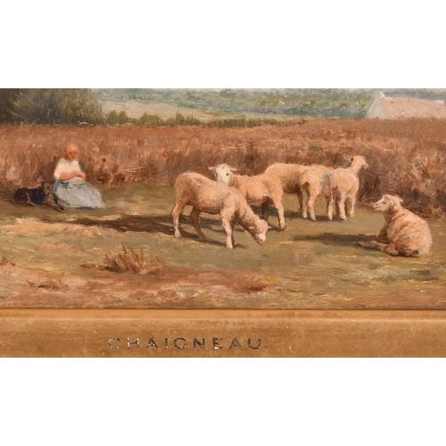 70 - Jean Ferdinand Chaigneau (1830-1906) French. Shepherdess and Flock, Oil on board, Inscribed on the s... 