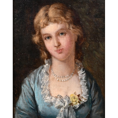 73 - 19th Century English School. Bust Portrait of a Lady in a Blue Dress, Oil on canvas laid down, 5.75