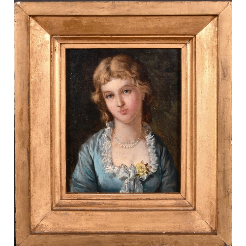 73 - 19th Century English School. Bust Portrait of a Lady in a Blue Dress, Oil on canvas laid down, 5.75