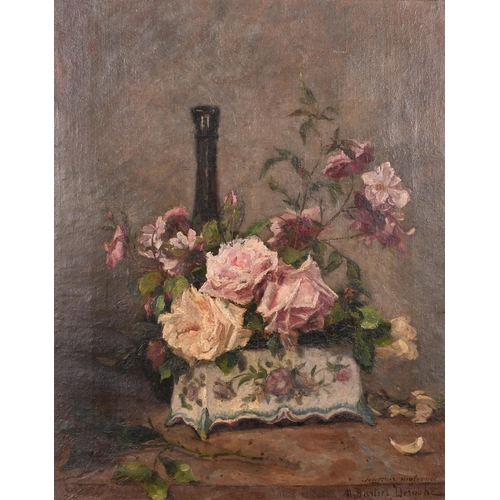 96 - M Bartier Deroche (19th Century) British. A Still Life of a Bottle and Flowers in a Vase, Oil on can... 