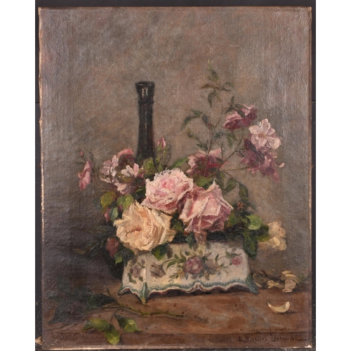 96 - M Bartier Deroche (19th Century) British. A Still Life of a Bottle and Flowers in a Vase, Oil on can... 