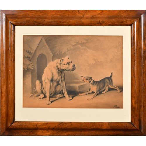 105 - Samuel Howitt (1756/57-1822) British. Two Dogs by a Kennel, Ink and watercolour, Signed, 10.5