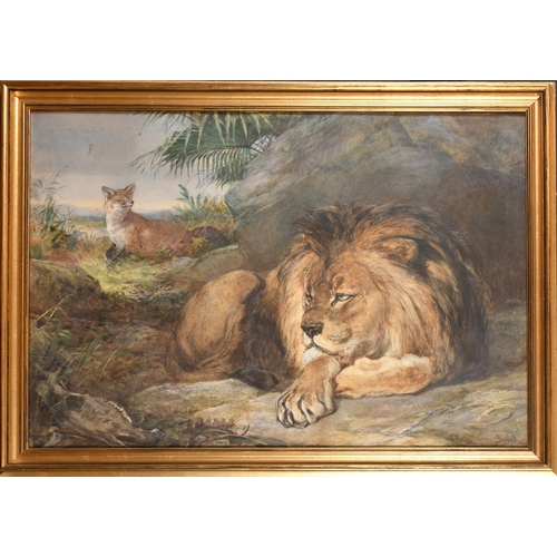 106 - Heywood Hardy (1842-1933) British. Fox and a Lion, Watercolour, Signed, 25